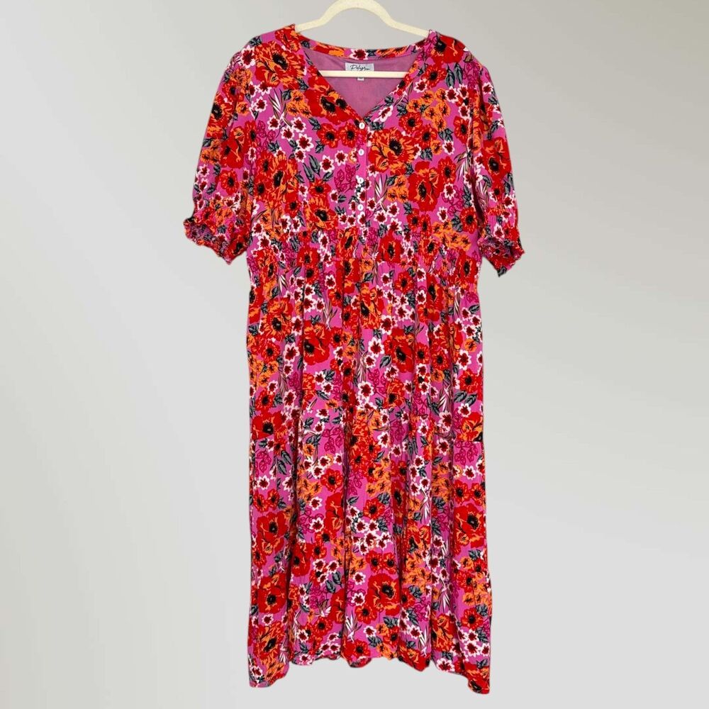 Polagram Pink Floral Midi Dress V-Neck Buttons Pockets Bright Spring Size 3XL